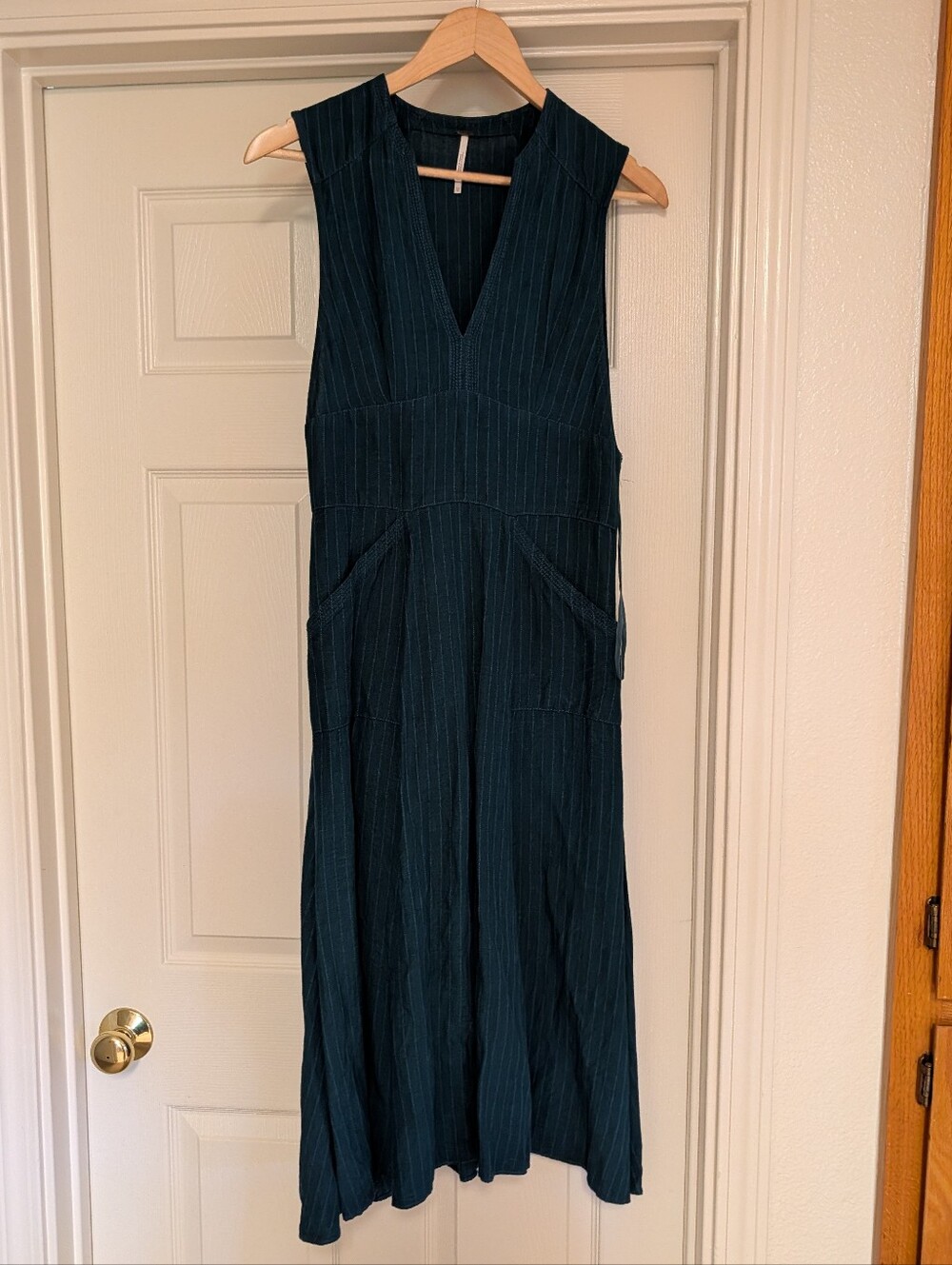 Free People Deep Teal Pinstripe Sleeveless Midi Dress